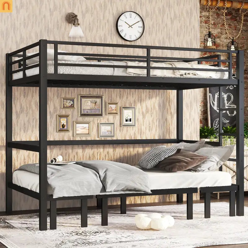 Bunk Bed Twin Xl Over Twin Xl Metal Black with Three Section Pull Out Lower Bunk