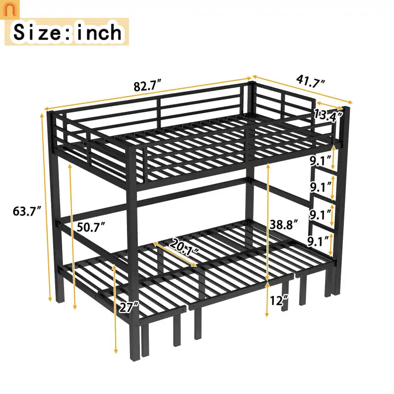 Bunk Bed Twin Xl Over Twin Xl Metal Black with Three Section Pull Out Lower Bunk