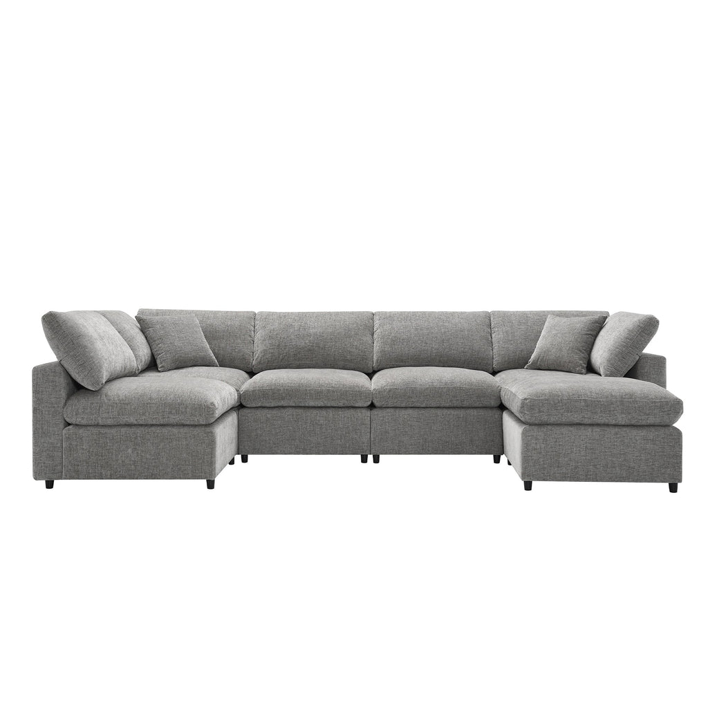 Sofa Modular U-Shape Chenille Gray 6 Seat Convertible Ottoman 130 In