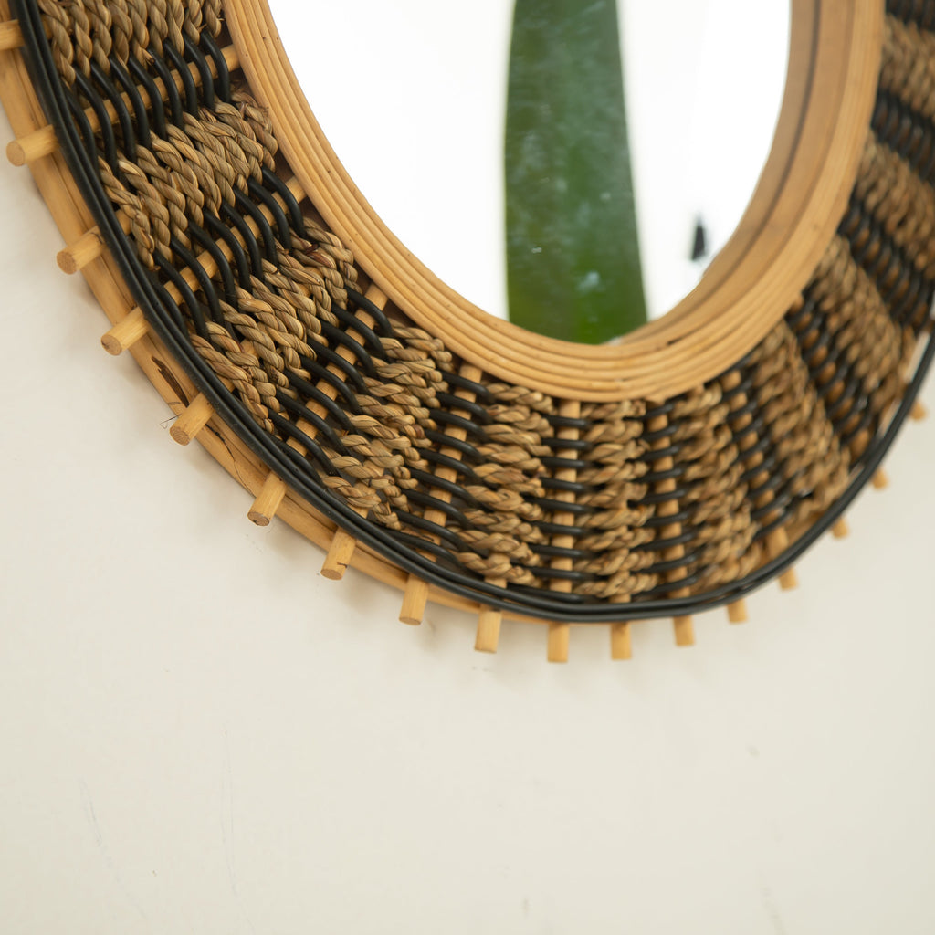 Round Wall Mirror Boho Bamboo Natural Frame 23-inch Large Living Room