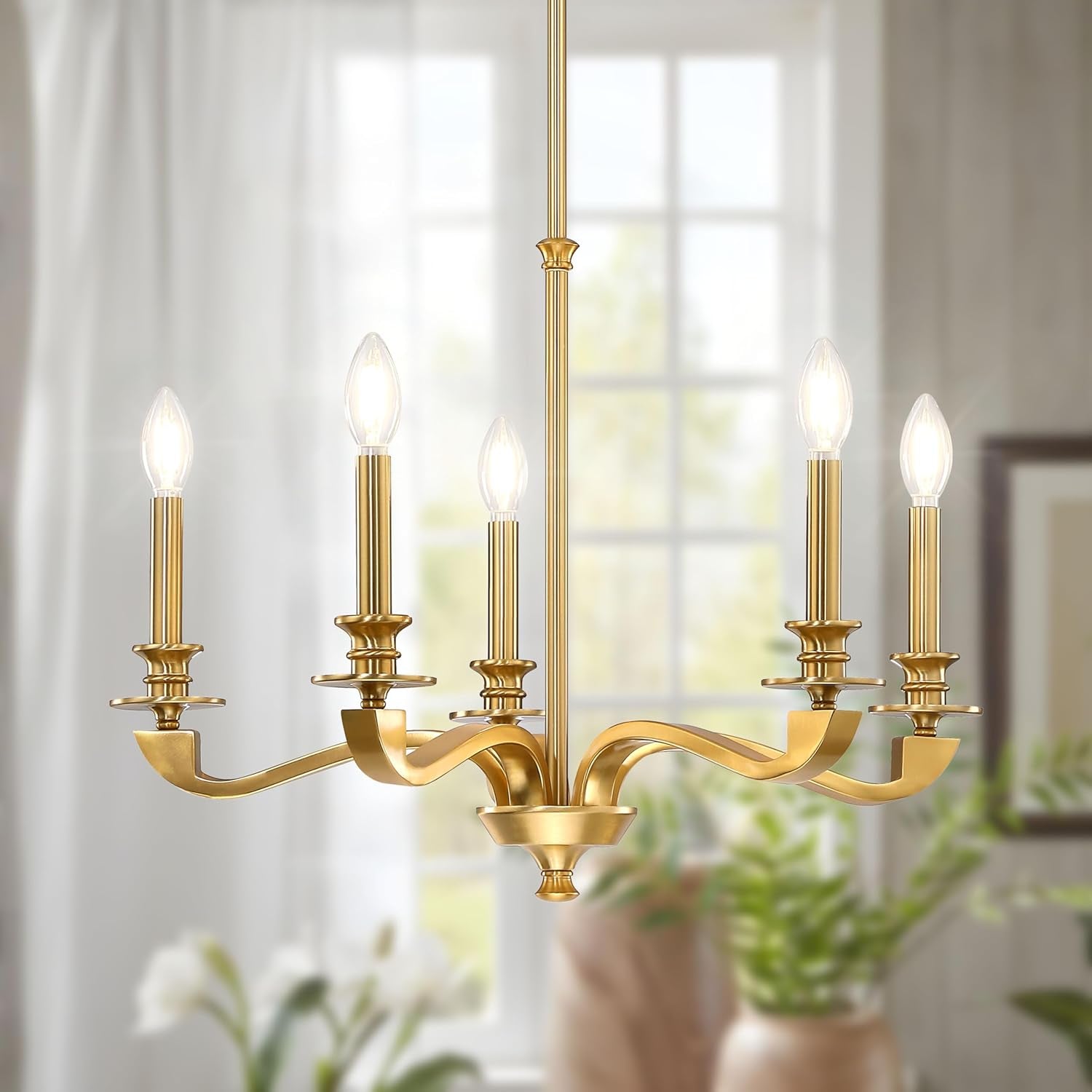 Gold 5 Light Chandelier 25.5 Inch Farmhouse Brass Dining