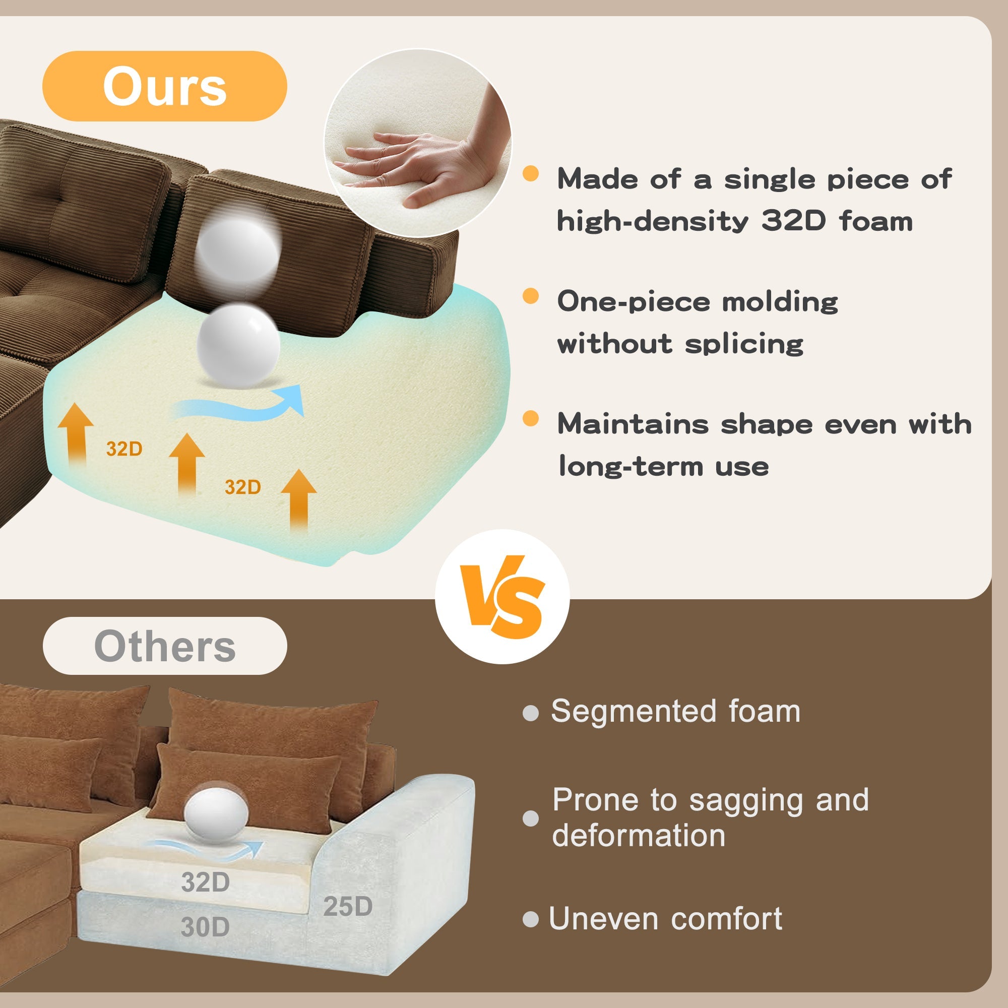 Sectional Sofa L-Shape Corduroy Brown 3 Seat Modular with Ottoman