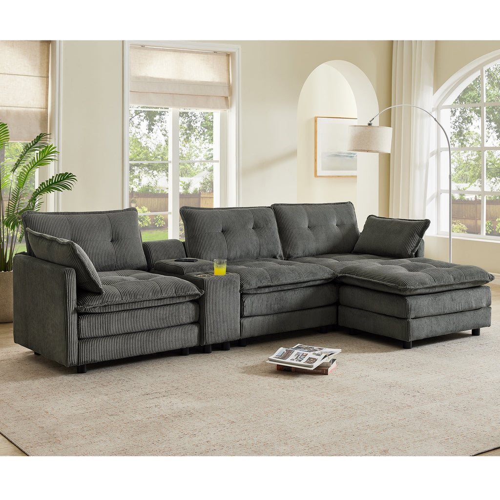 Sectional Sofa L-Shaped Corduroy with Ottoman and USB Ports, 4-seater, Grey