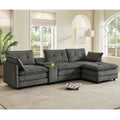 Sectional Sofa L-Shaped Corduroy with Ottoman and USB Ports, 4-seater, Grey