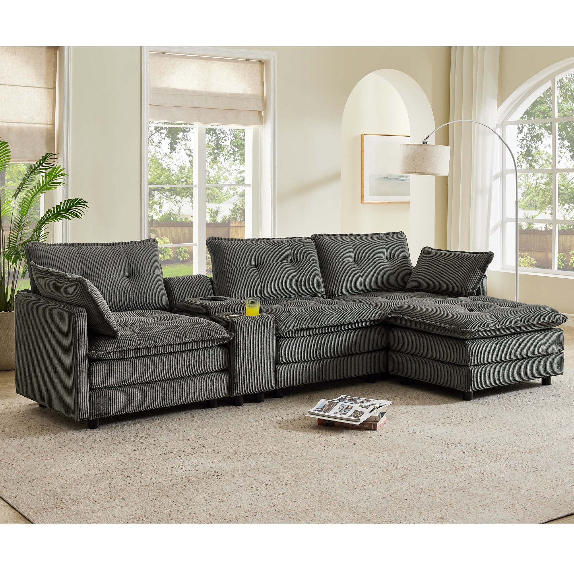 Sectional Sofa L-Shaped Corduroy with Ottoman and USB Ports, 4-seater, Grey