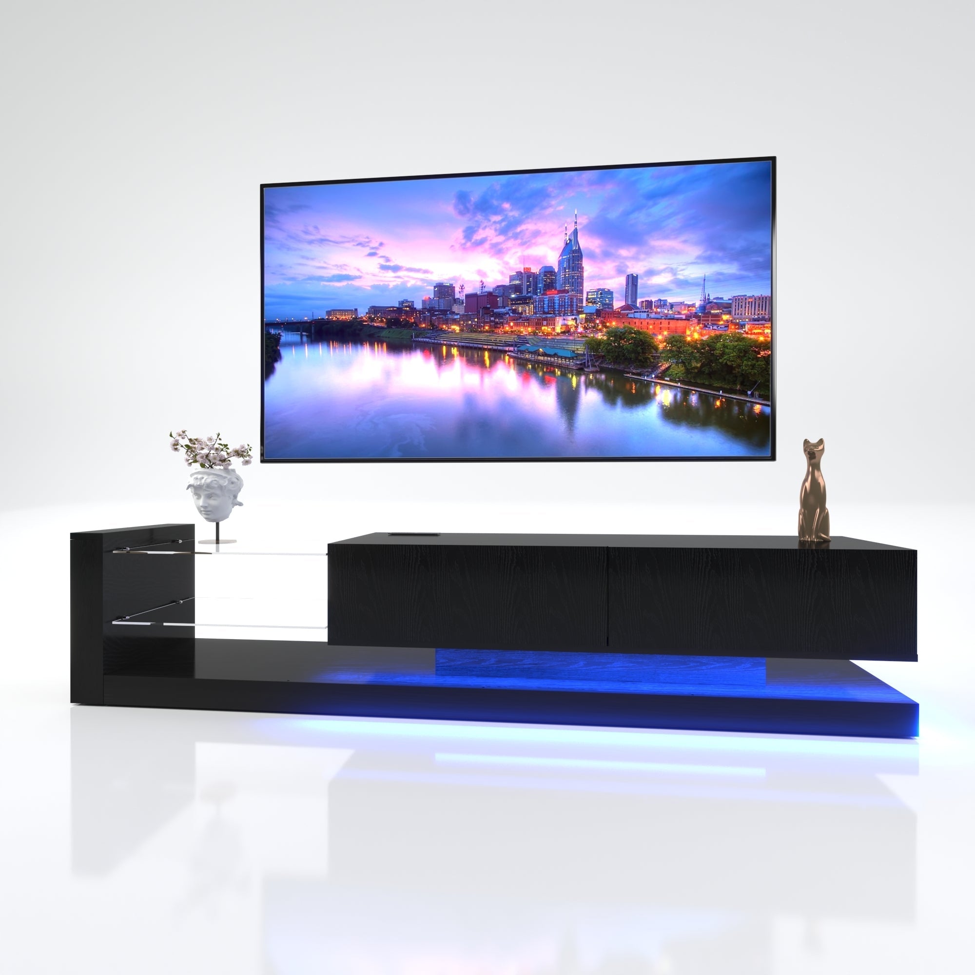 TV Stand LED Black Particle Board Tempered Glass Shelves Fits 75 In TV