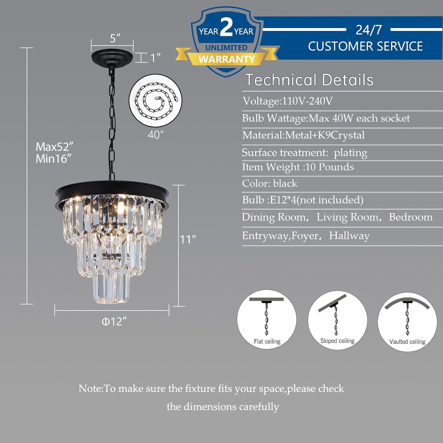 Black Four Light Crystal Chandelier Dining Pendant