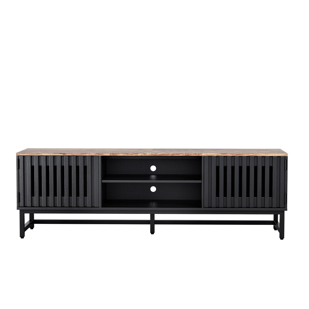 TV Stand Mid-Century Black MDF Slatted Grille Doors 4-Shelf Fits 60 In TV