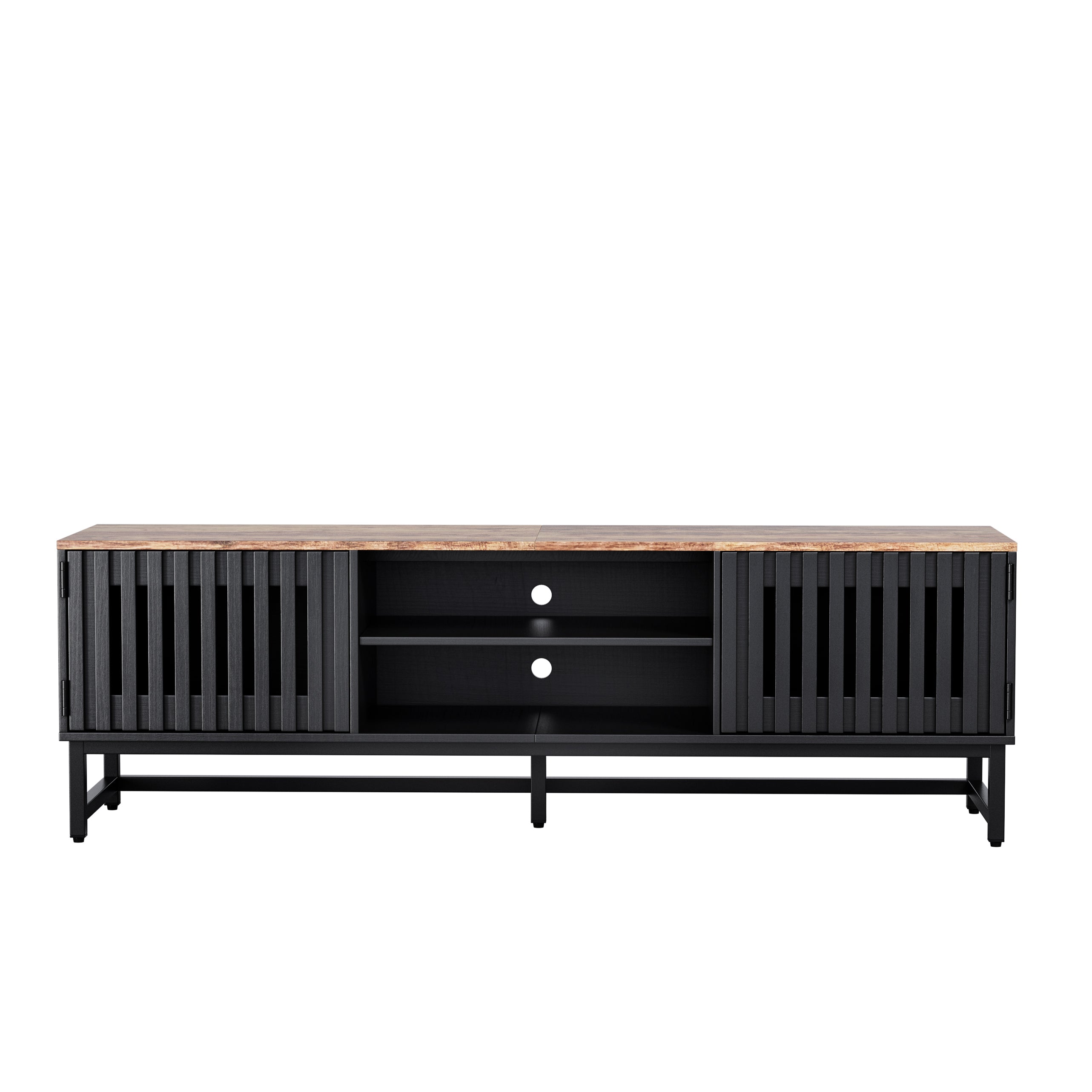 TV Stand Mid-Century Black MDF Slatted Grille Doors 4-Shelf Fits 60 In TV