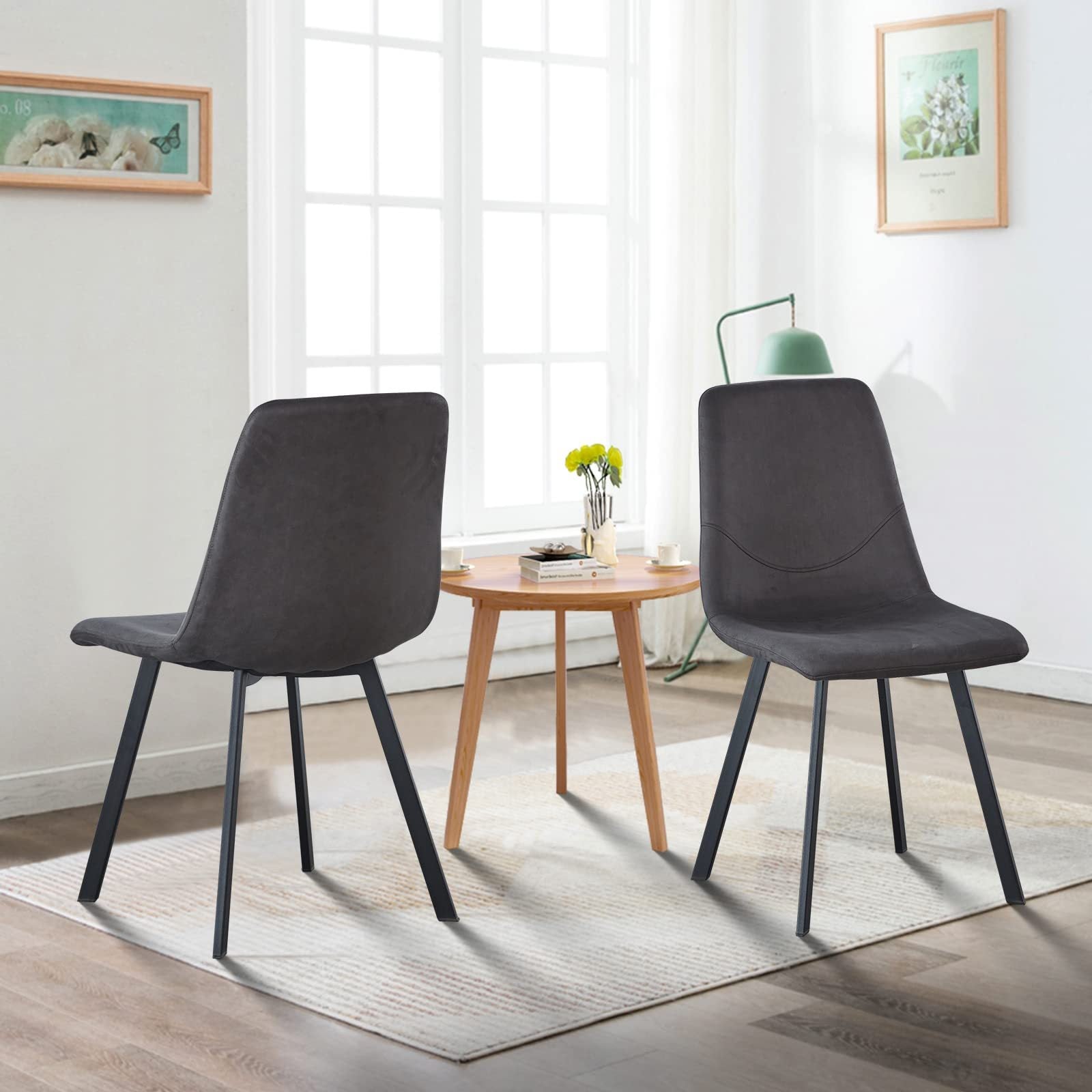 Dining Chair Mid-Century Modern Velvet Gray Metal Legs Set of 2