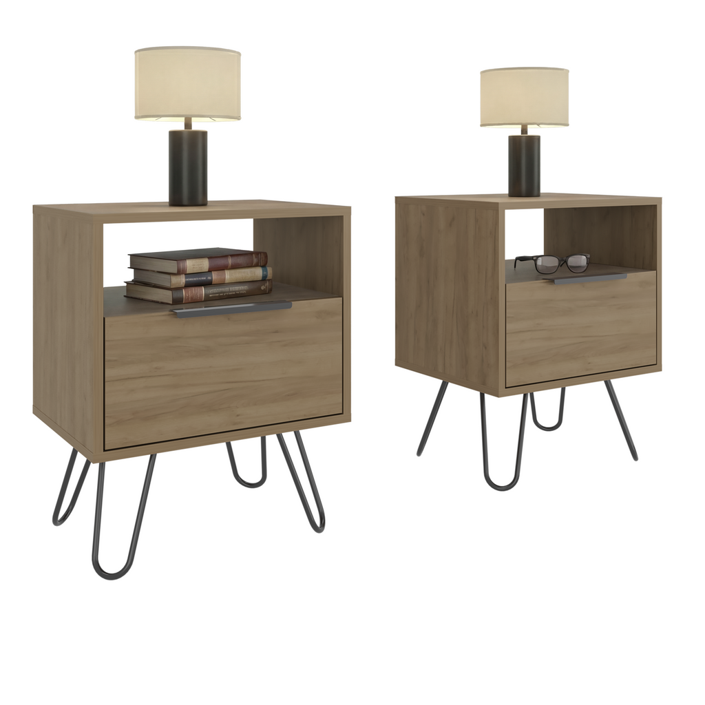 Set of 2 Modern Nightstands with Storage, Metal Legs, Light Oak