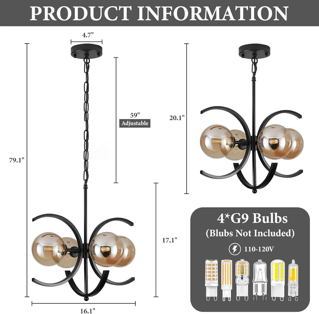 Black Sputnik Chandelier 4 Light Amber Glass Globes