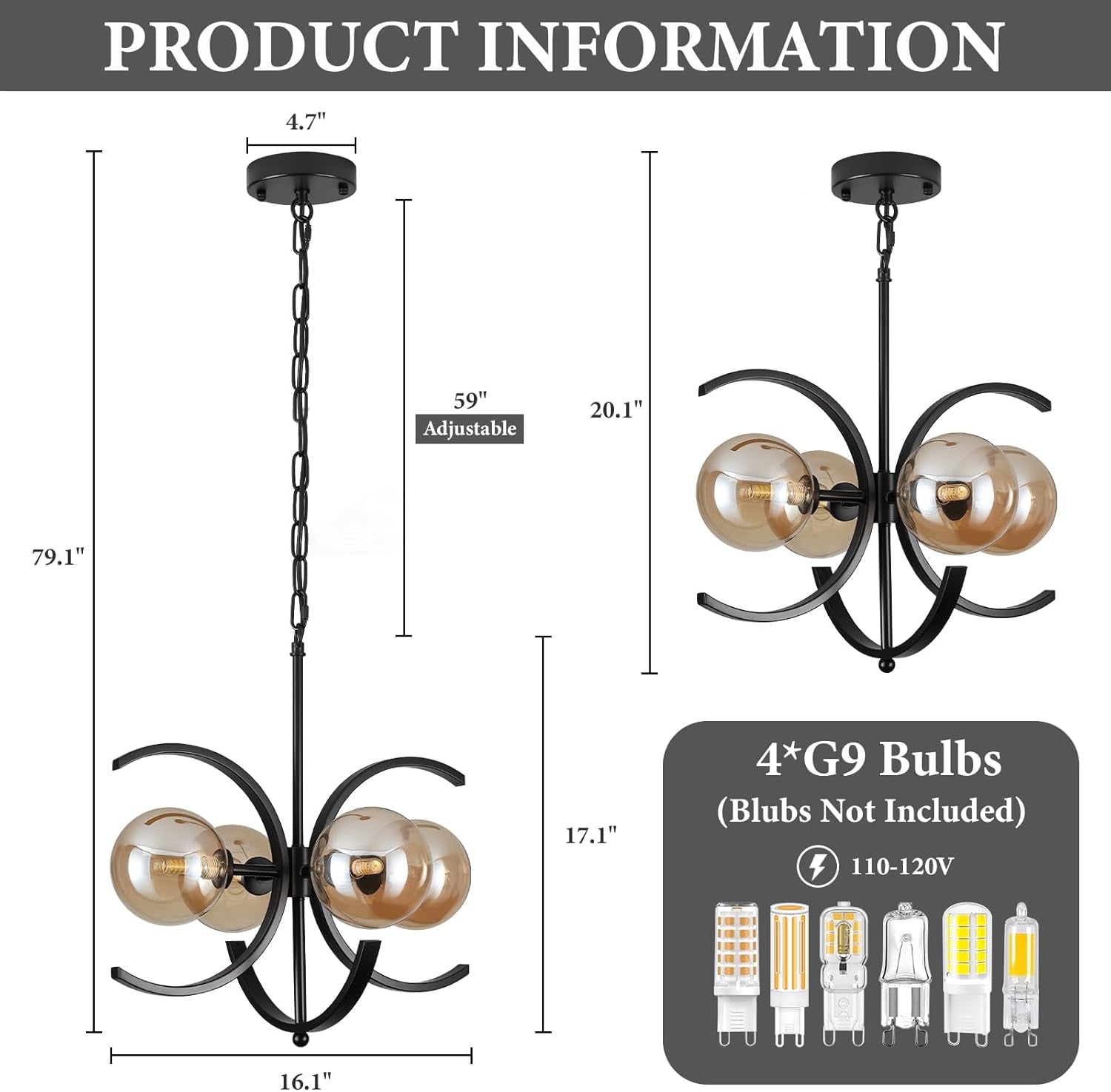 Black Sputnik Chandelier 4 Light Amber Glass Globes