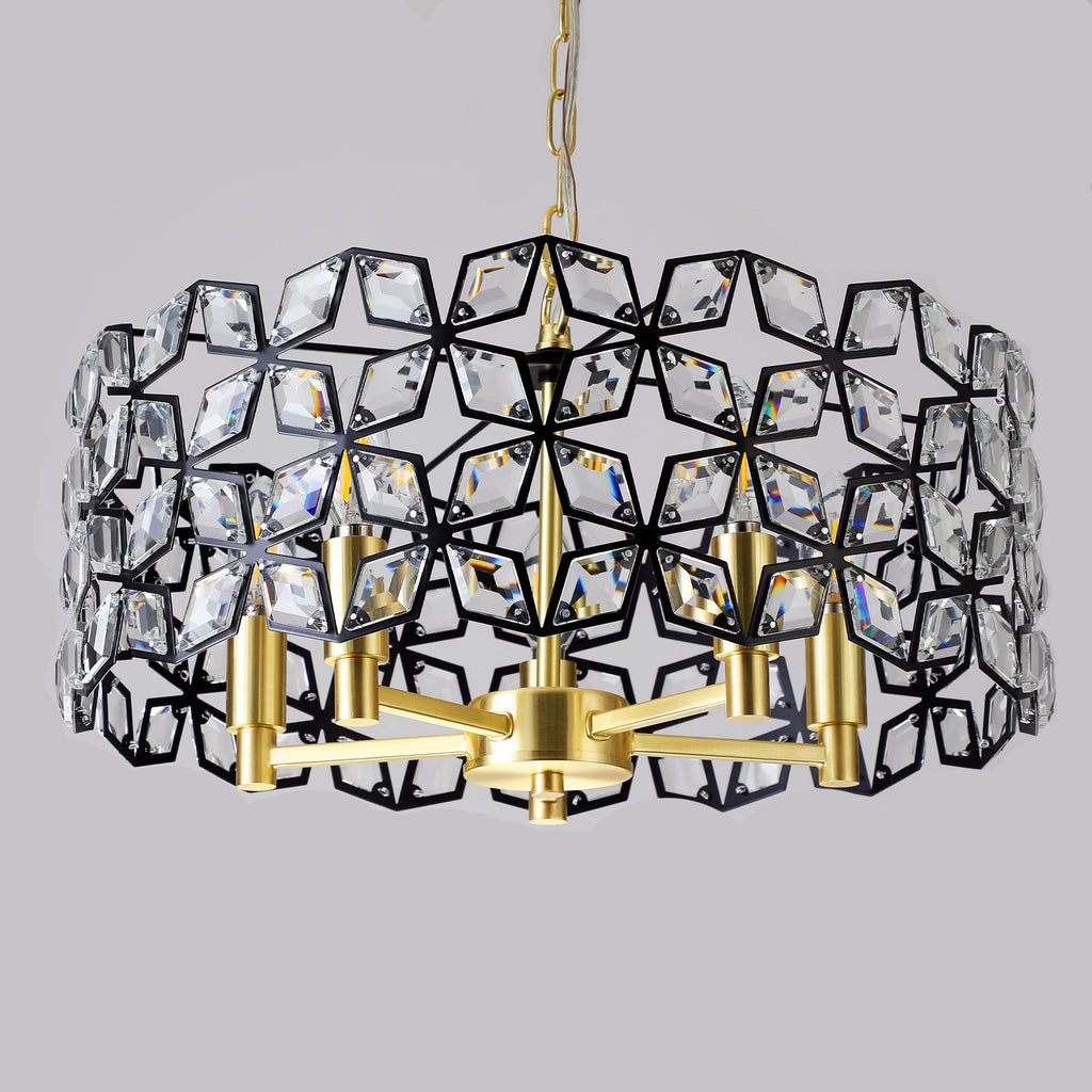 Chandelier Crystal Black Gold Round Pendant 5-Light Modern 19 In