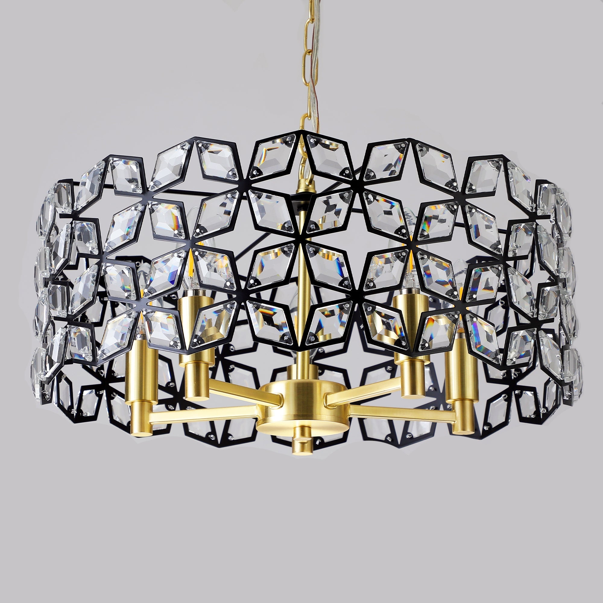 Chandelier Crystal Black Gold Round Pendant 5-Light Modern 19 In