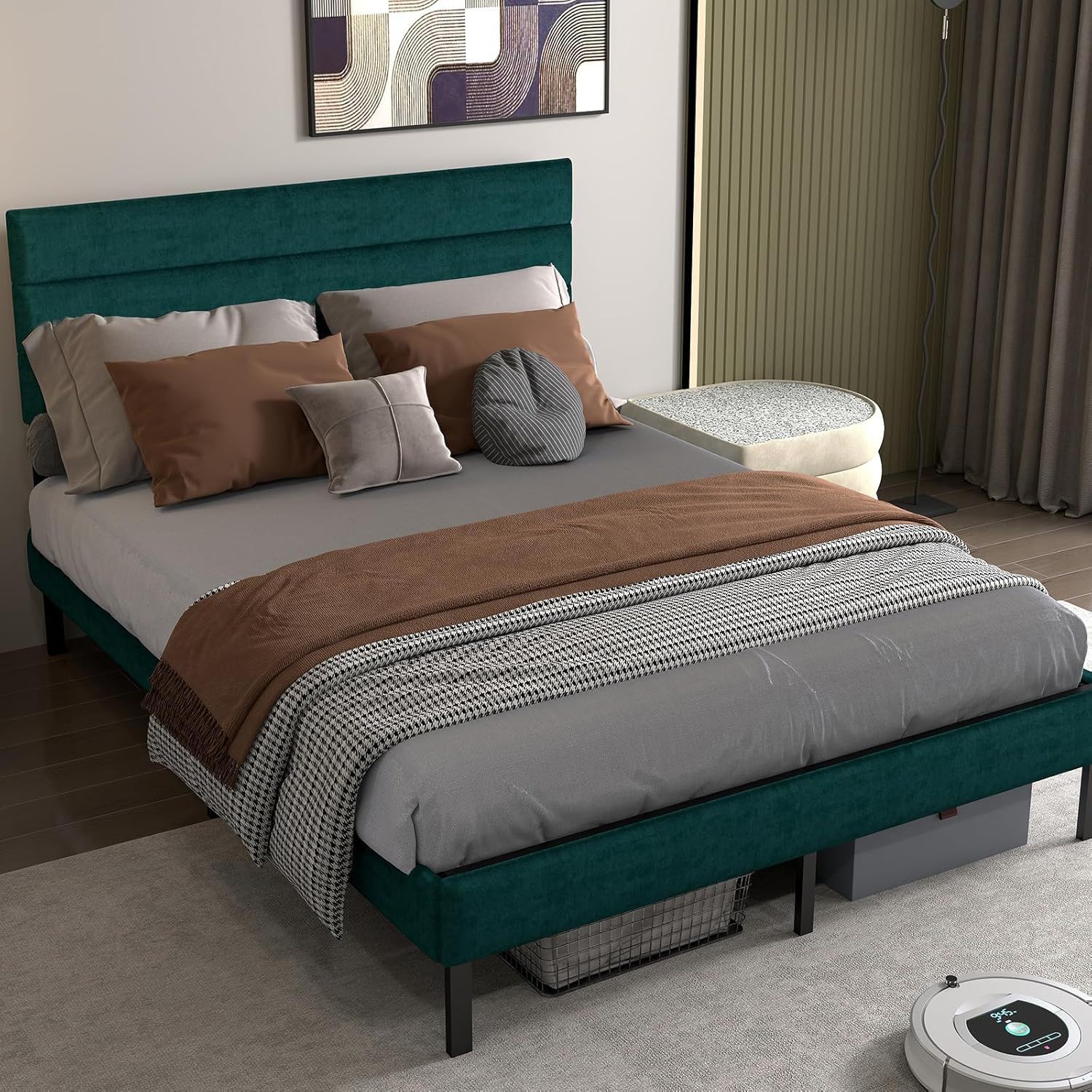 Upholstered Platform Bed Frame With Headboard, No Box Spring Needed, Underbed Storage