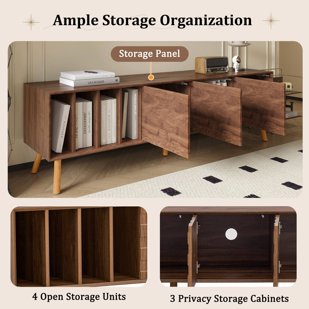 TV Stand Mid-Century Walnut Solid Wood MDF Push-Pop Doors Fits 80 In TV