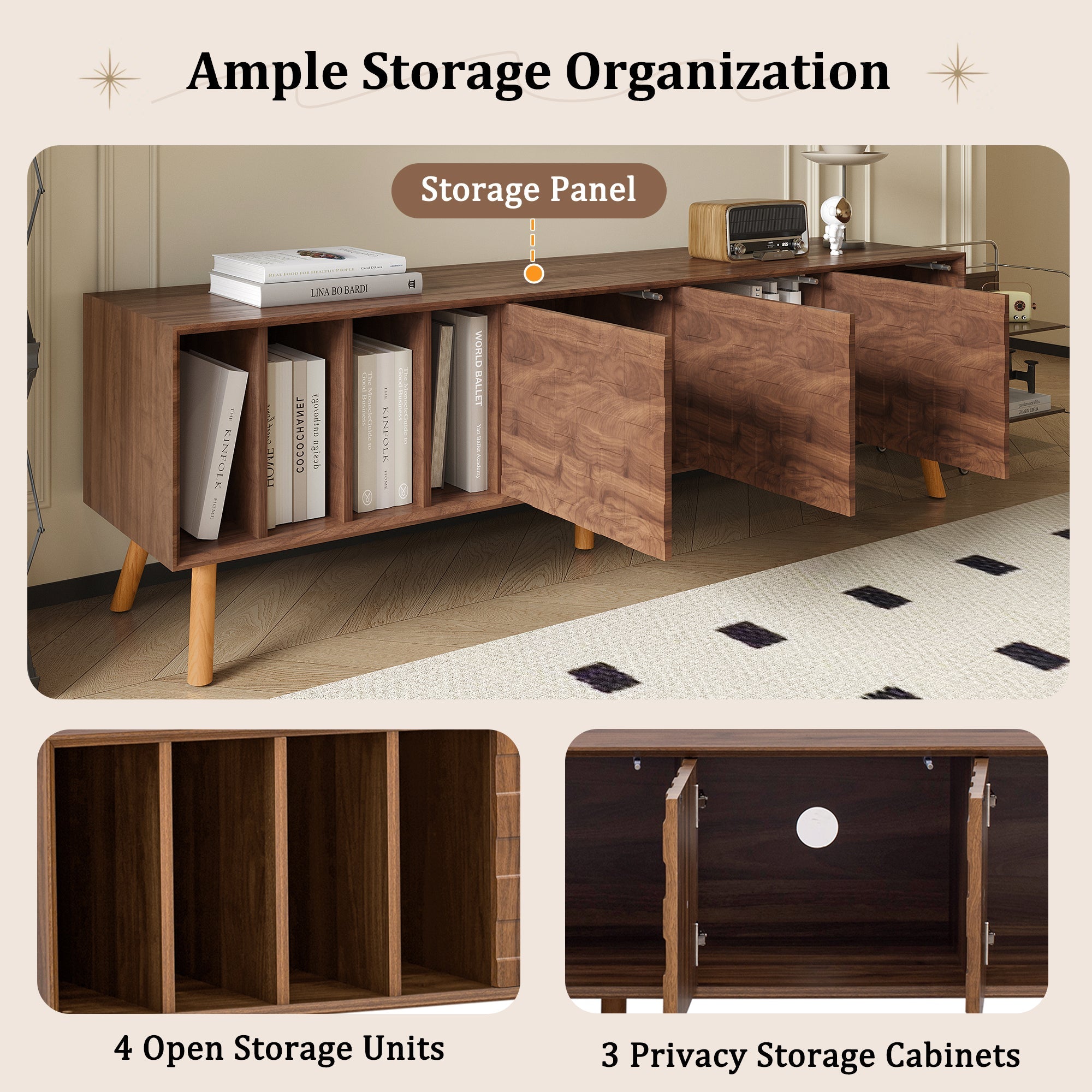 TV Stand Mid-Century Walnut Solid Wood MDF Push-Pop Doors Fits 80 In TV