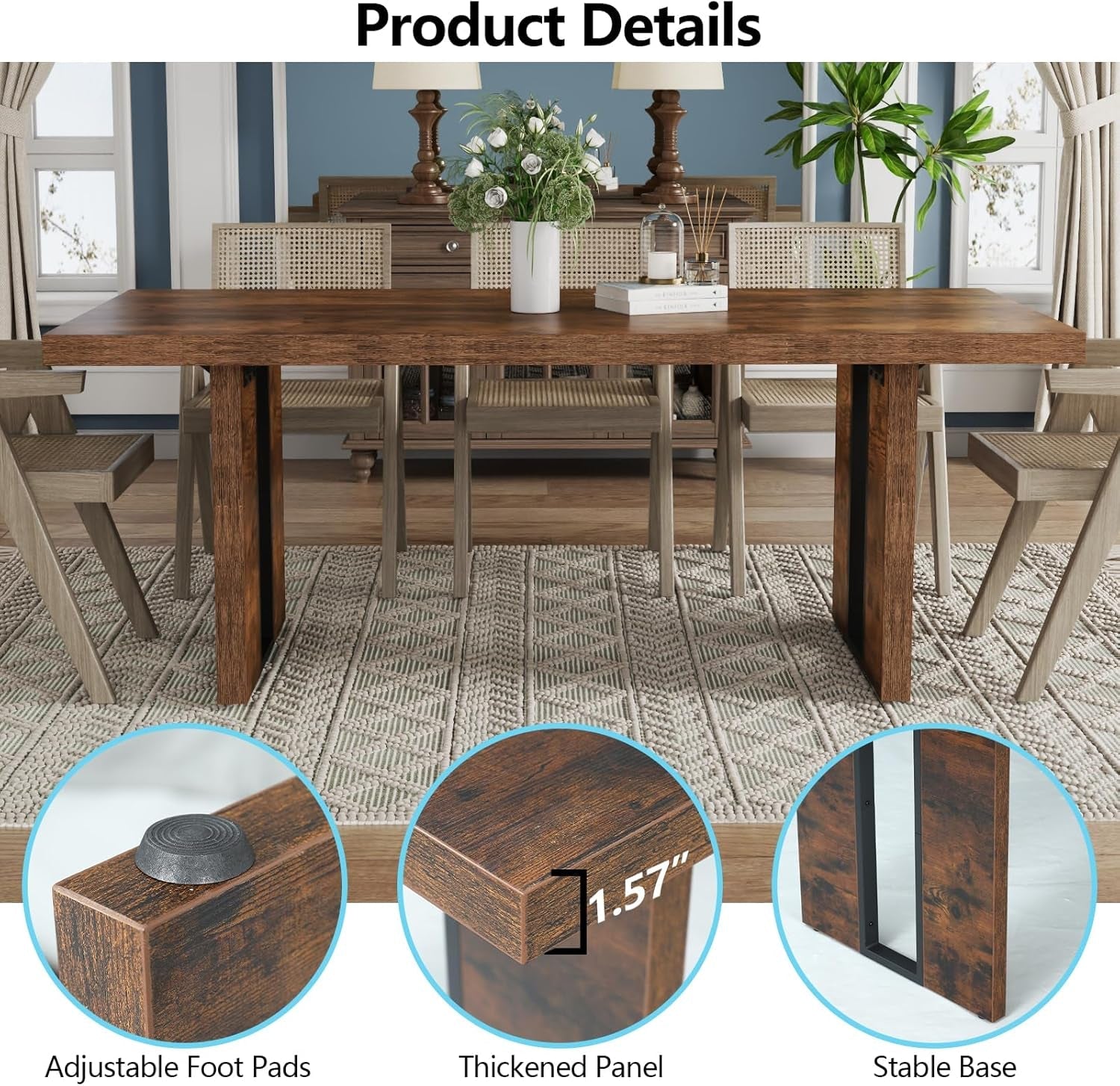 71 Inch Rustic Dining Table For 6 To 8 With Heavy Duty Legs