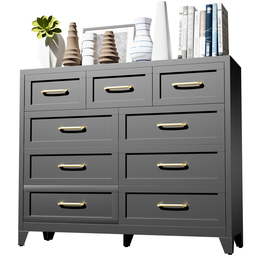 Dresser Tall 9-Drawer Black Steel Smooth-Glide 47.3x15.8x39 In