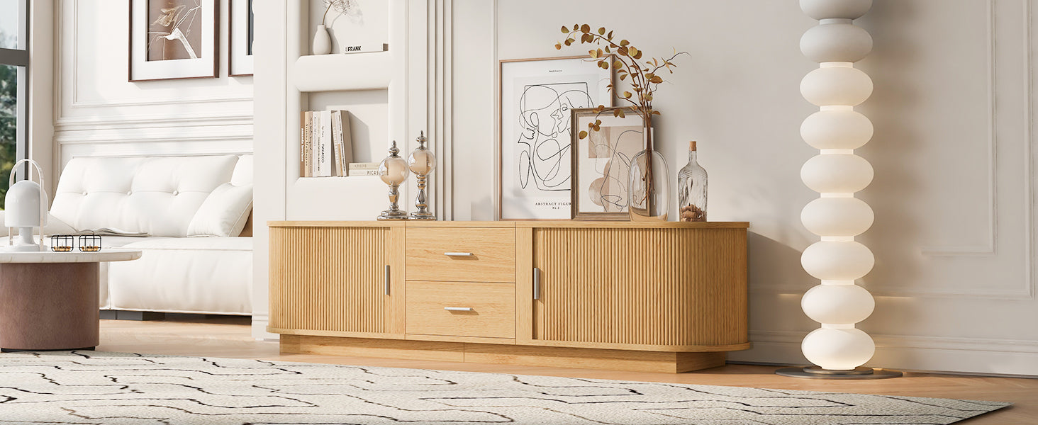 TV Stand American Style Acacia MDF Sliding Door Rounded Corners Fits 75 In TV