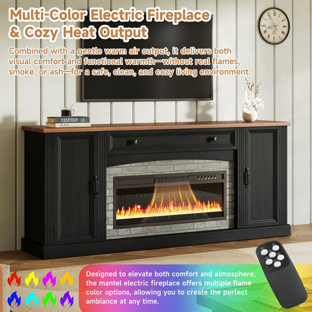 TV Stand Fireplace Black MDF Walnut Top Gray Brick 1400W Fits 70 In TV 66.9 In