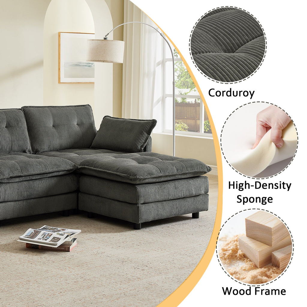 Sectional Sofa L-Shaped Corduroy with Ottoman and USB Ports, 4-seater, Grey