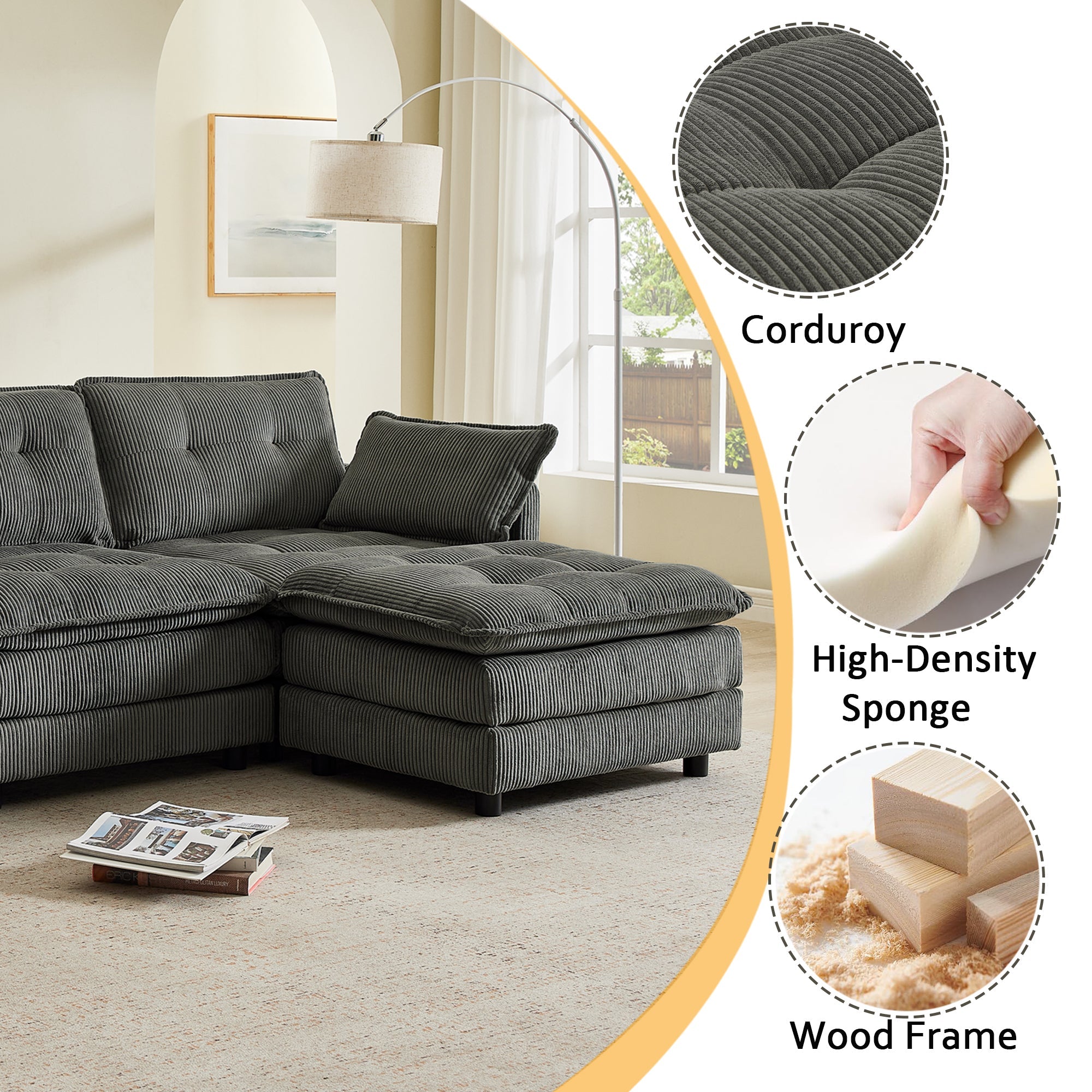 Sectional Sofa L-Shaped Corduroy with Ottoman and USB Ports, 4-seater, Grey