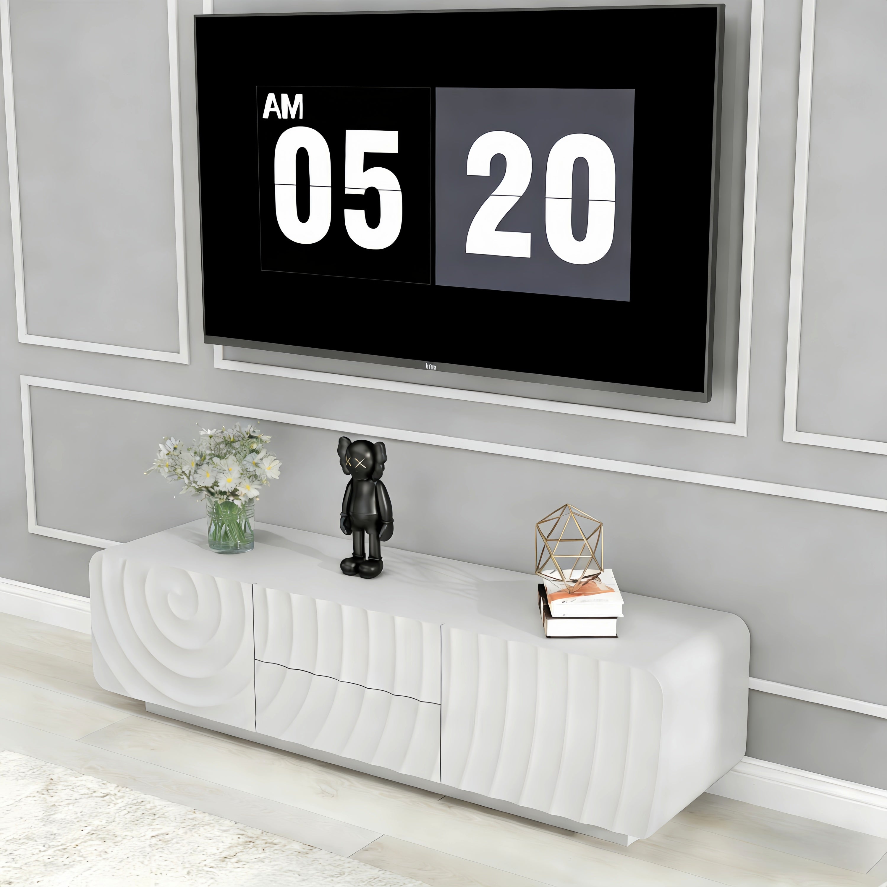 TV Stand Spiral Wave White MDF Floating Base Fits 60 In TV 58.3 In