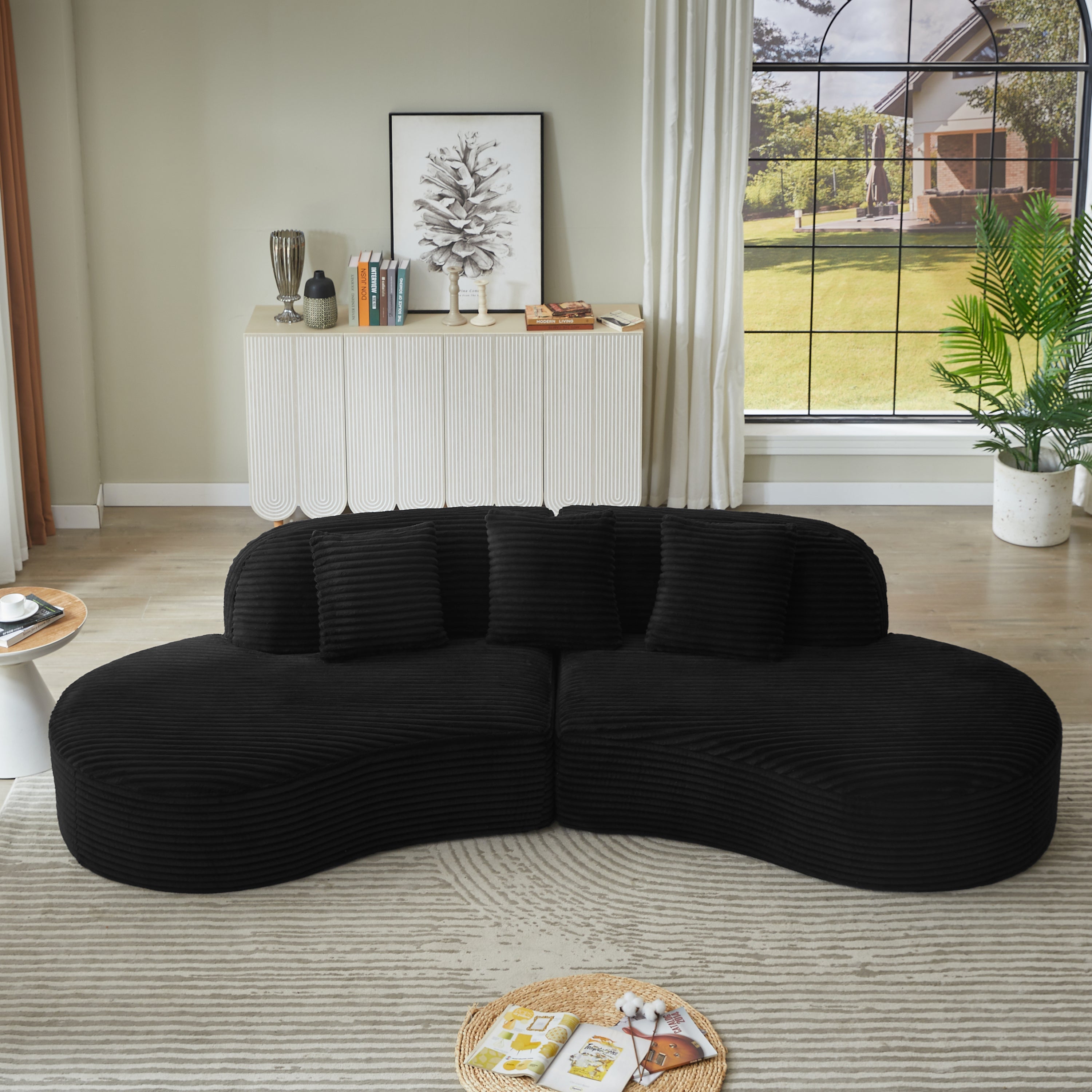 Sectional Sofa Curved Corduroy with Scatter Cushions No Assembly