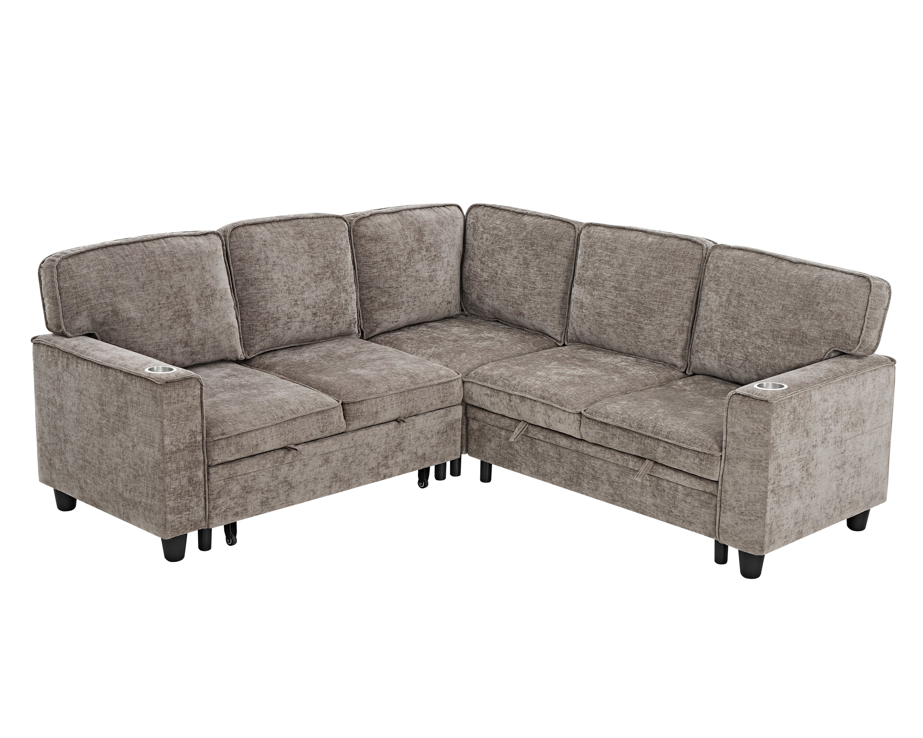 Sectional Sofa L-Shape Chenille Brown 5 Seat USB Ports Pull-Out 81 In