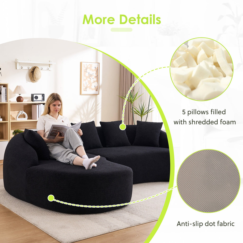 Sectional Sofa l Shaped with Curved Chaise Black Chenille Sleeper