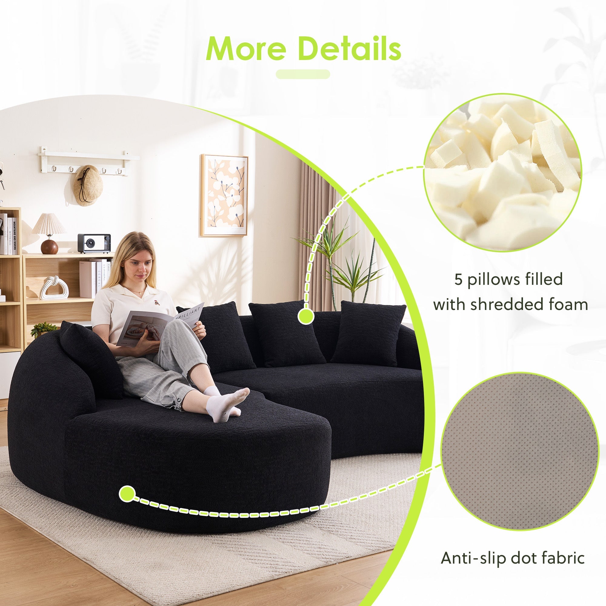 Sectional Sofa l Shaped with Curved Chaise Black Chenille Sleeper