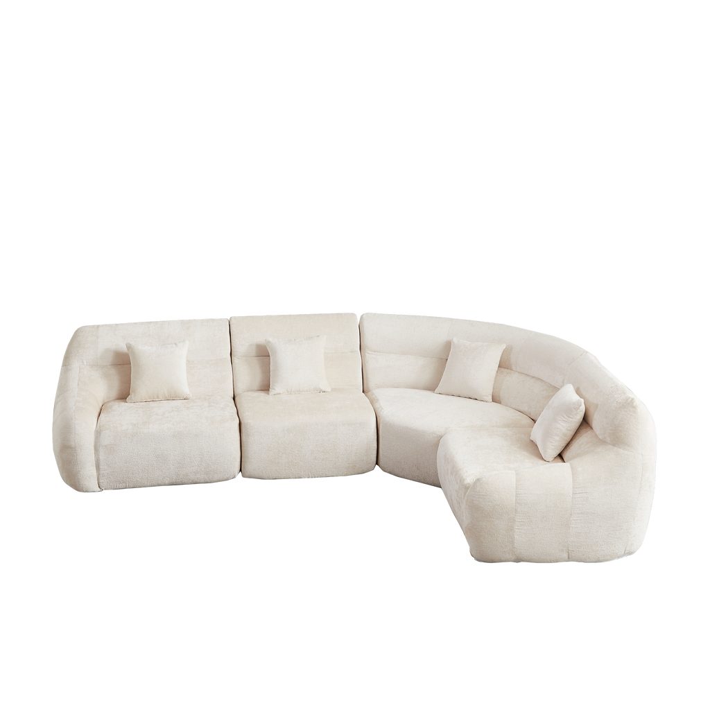Sectional Sofa Curved Beige Chenille 123.2 Inch Four Pillows No Assembly
