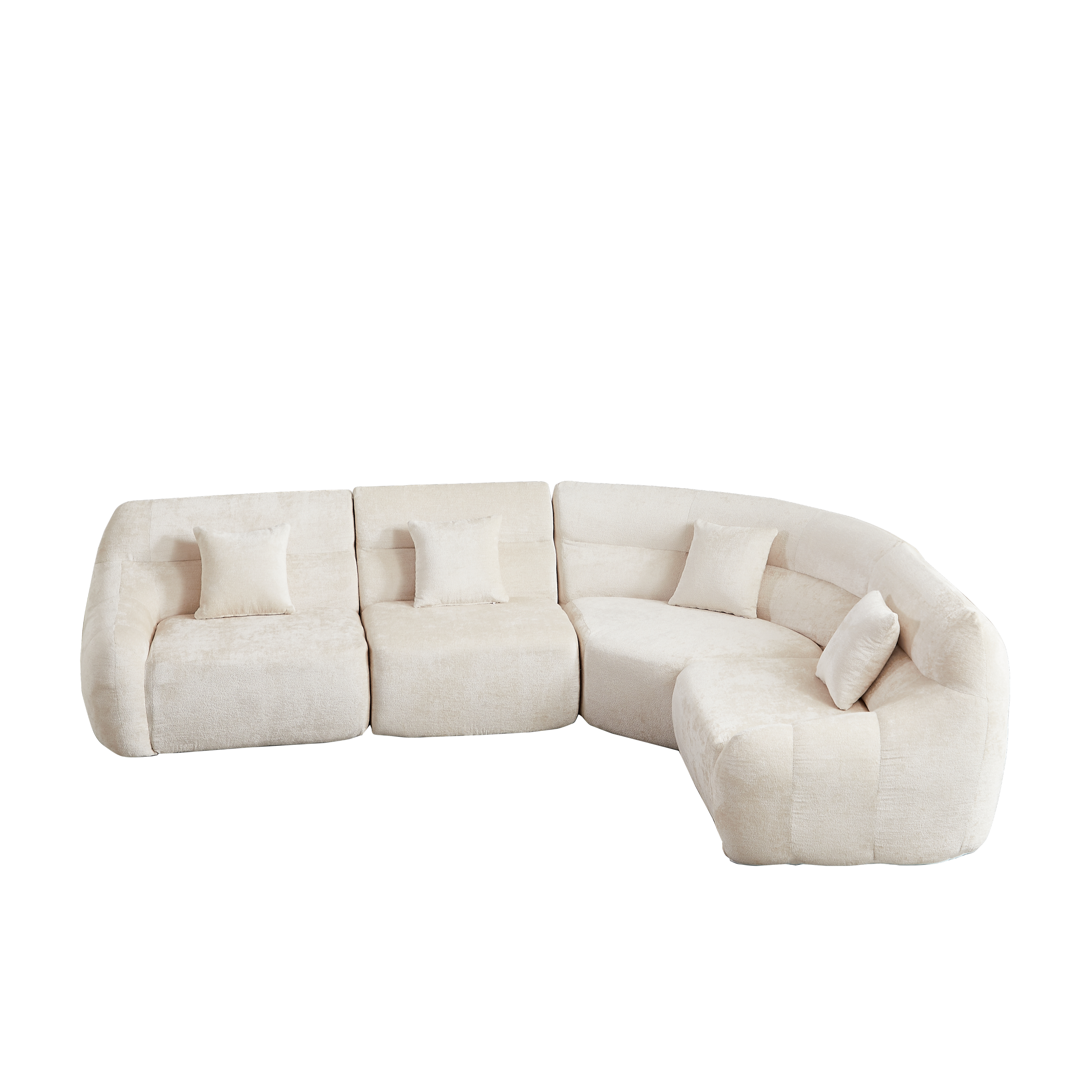 Sectional Sofa Curved Beige Chenille 123.2 Inch Four Pillows No Assembly