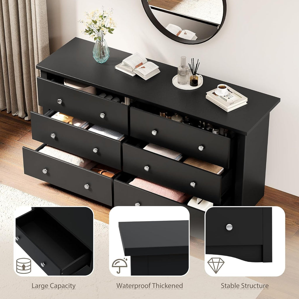 Black Dresser With Six Deep Drawers For TV Storage