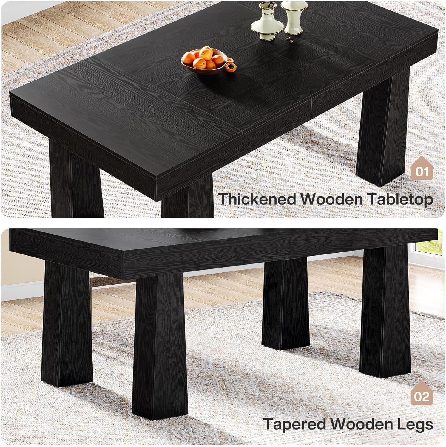 63 Inch Black Rectangular Dining Table With Heavy Duty Legs