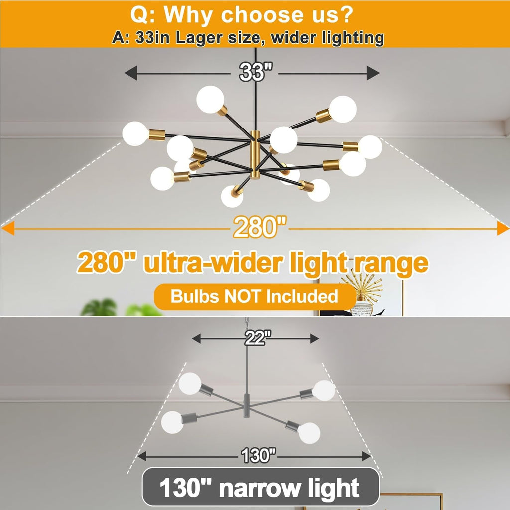 33 Inch Modern Black Gold Chandelier 12 Light Adjustable