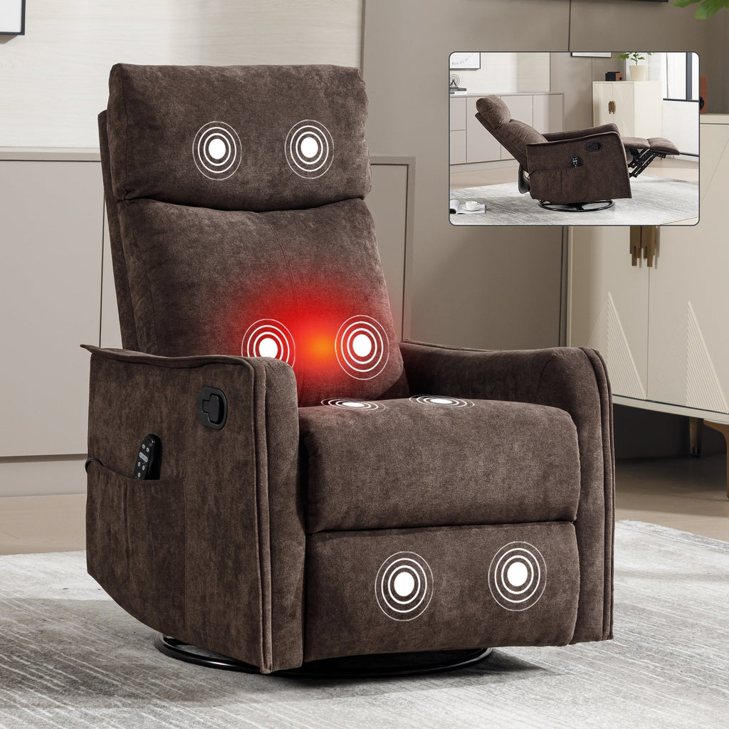 Recliner Chair Swivel Rocker Polyester Brown 360 Degree Heat Massage 155