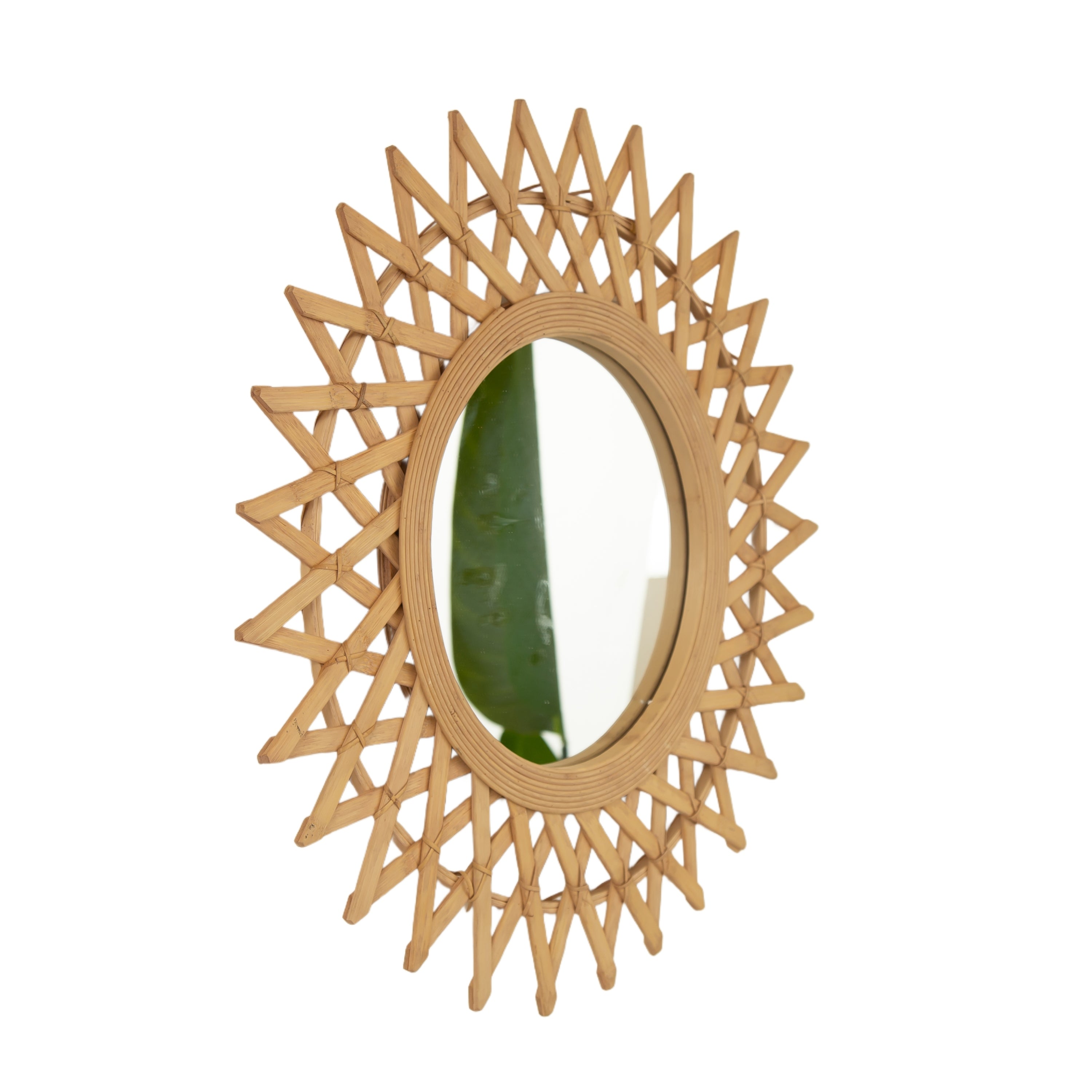 Wall Mounted Circle Mirror Boho Bamboo Natural 24x24 Inch Bedroom
