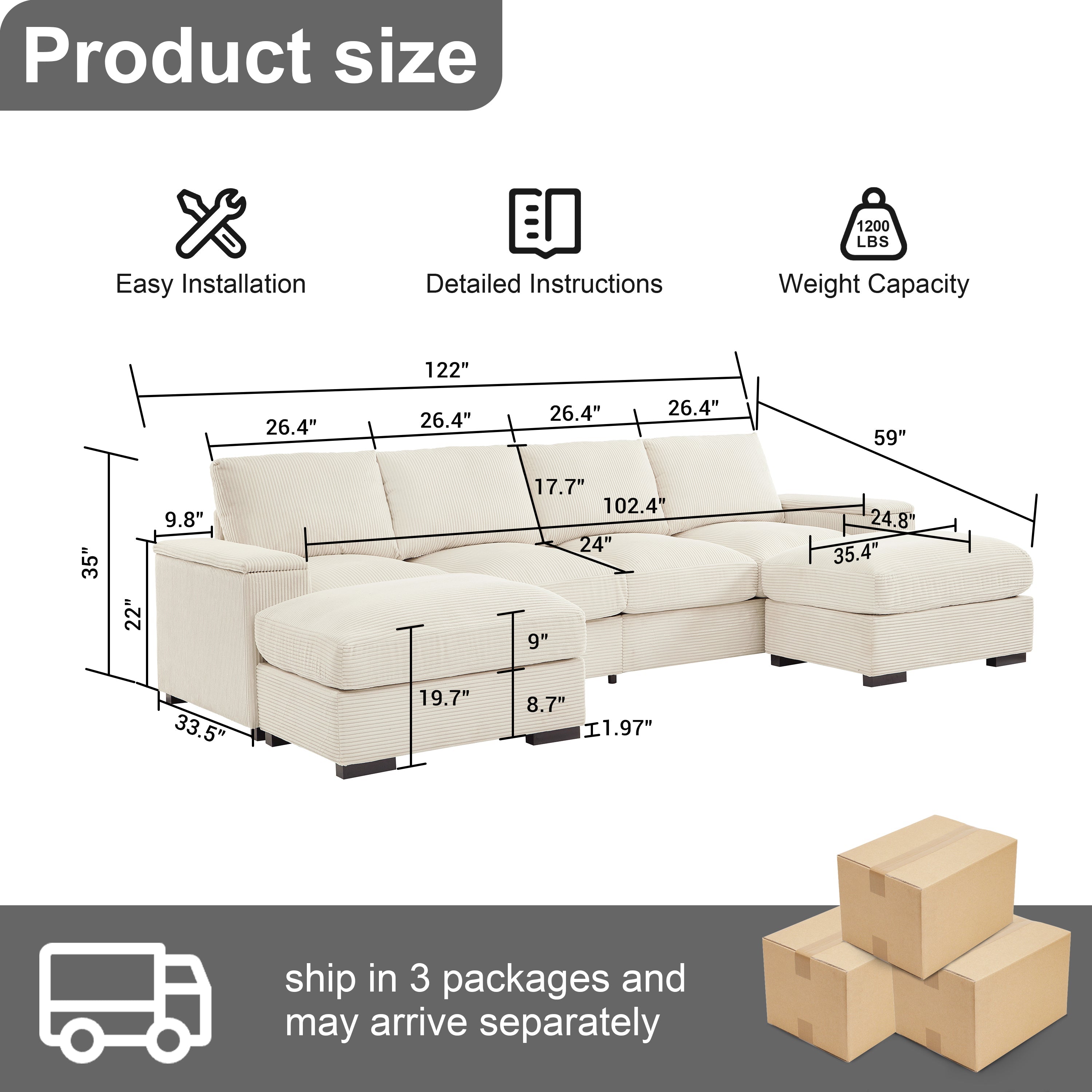 Sectional Sofa L-Shaped Modern Corduroy Beige 122-inch Sleeper with Ottomans