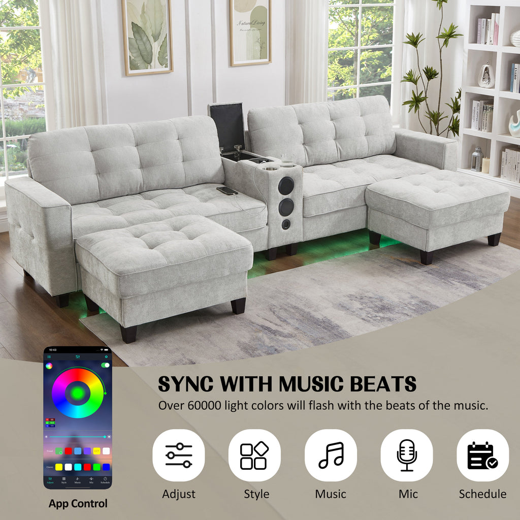 Sectional Sofa U-Shape Chenille Light Gray 6 Seat Bluetooth 126 In