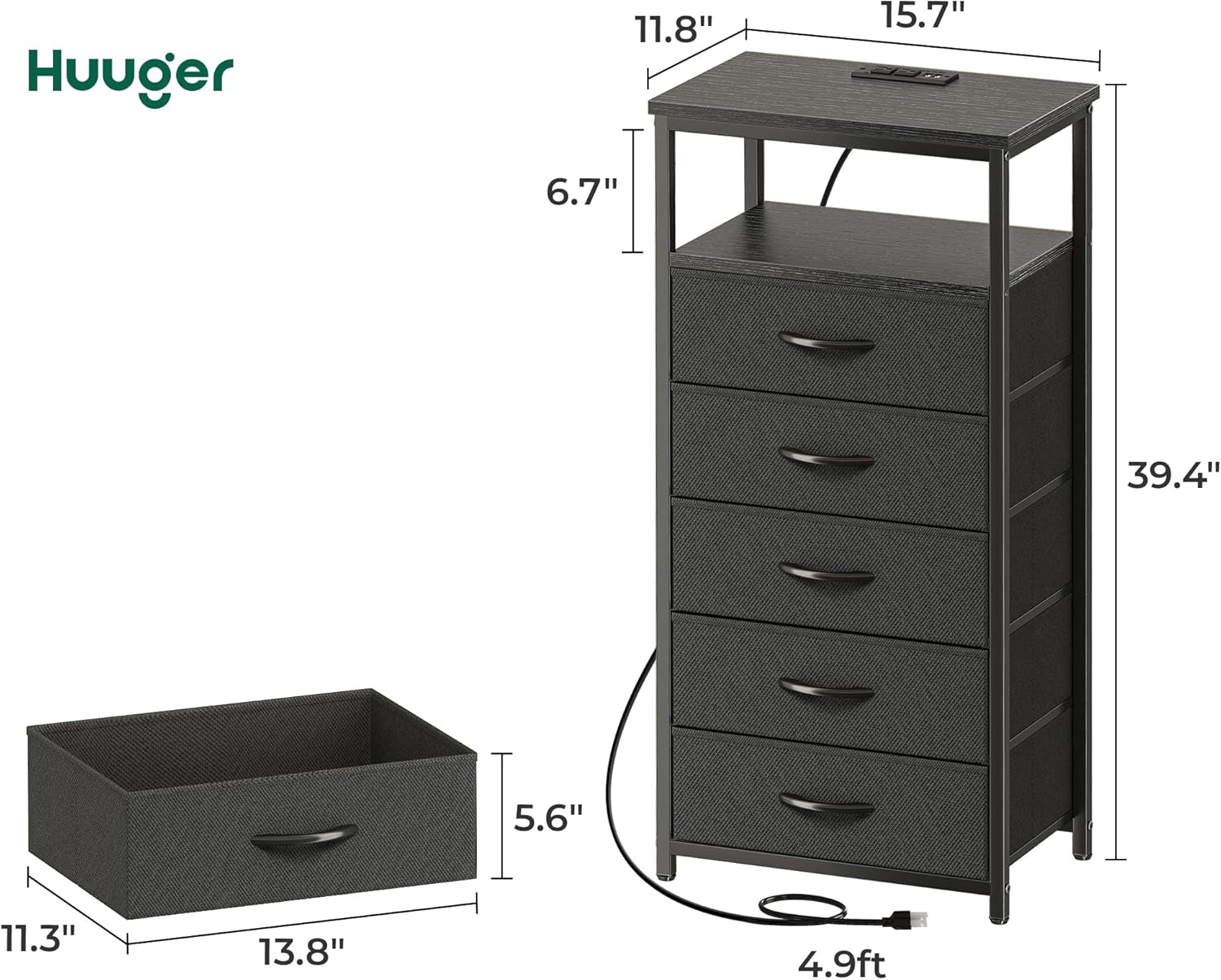 Black Five Drawer Dresser With Integrated Charging Station