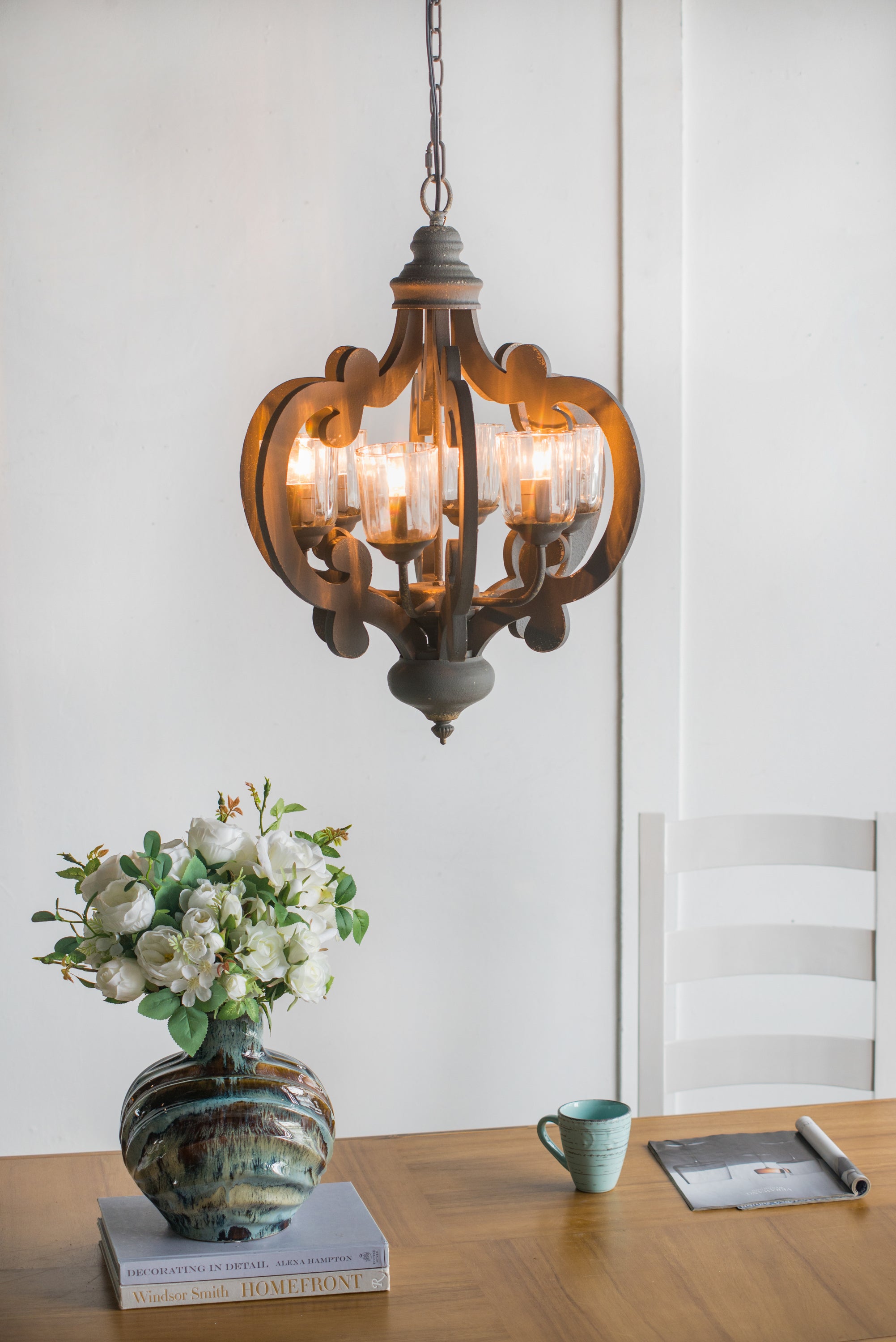 Chandelier Farmhouse 6-Light Wood Pendant Adjustable Chain Dining Room