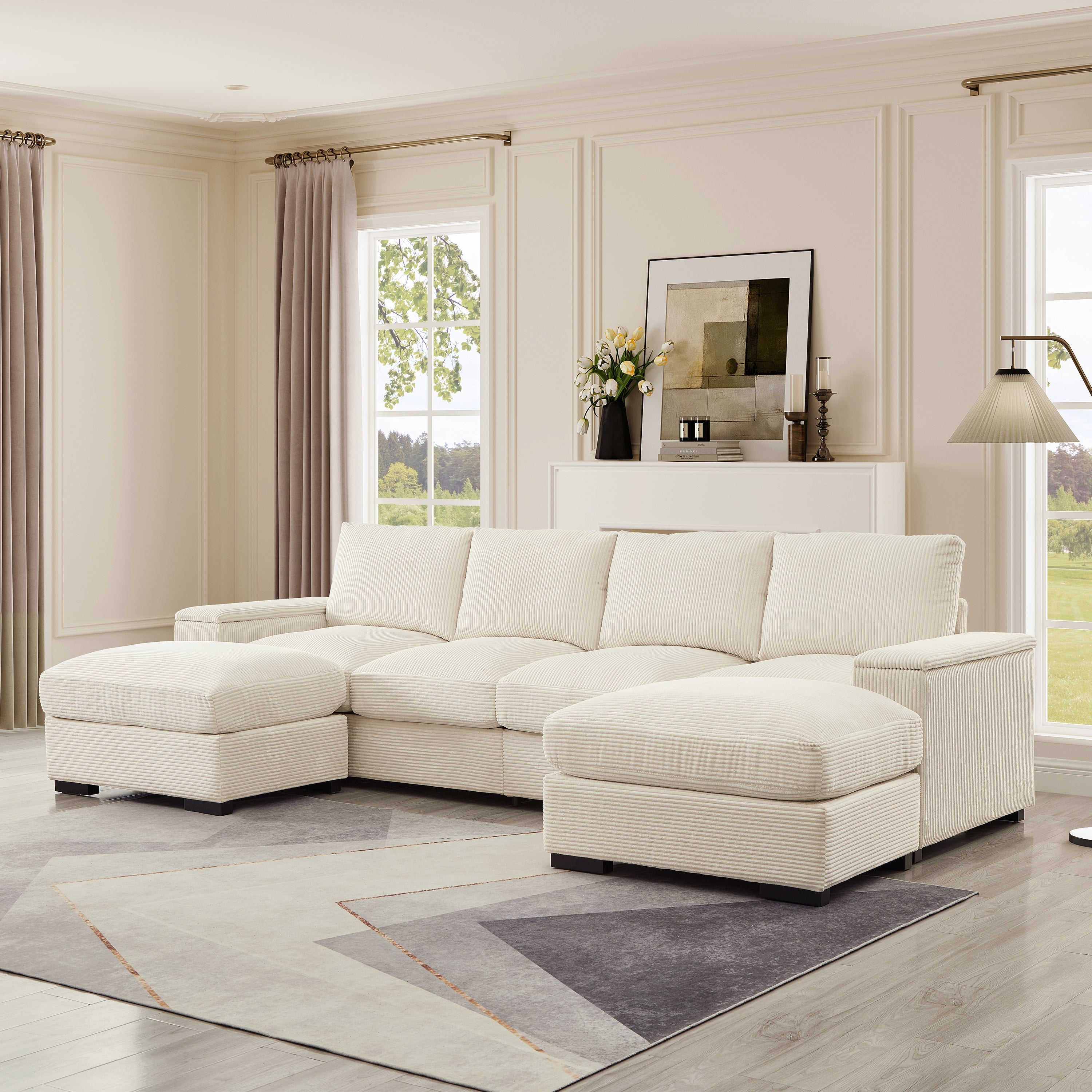 Sectional Sofa L-Shaped Modern Corduroy Beige 122-inch Sleeper with Ottomans