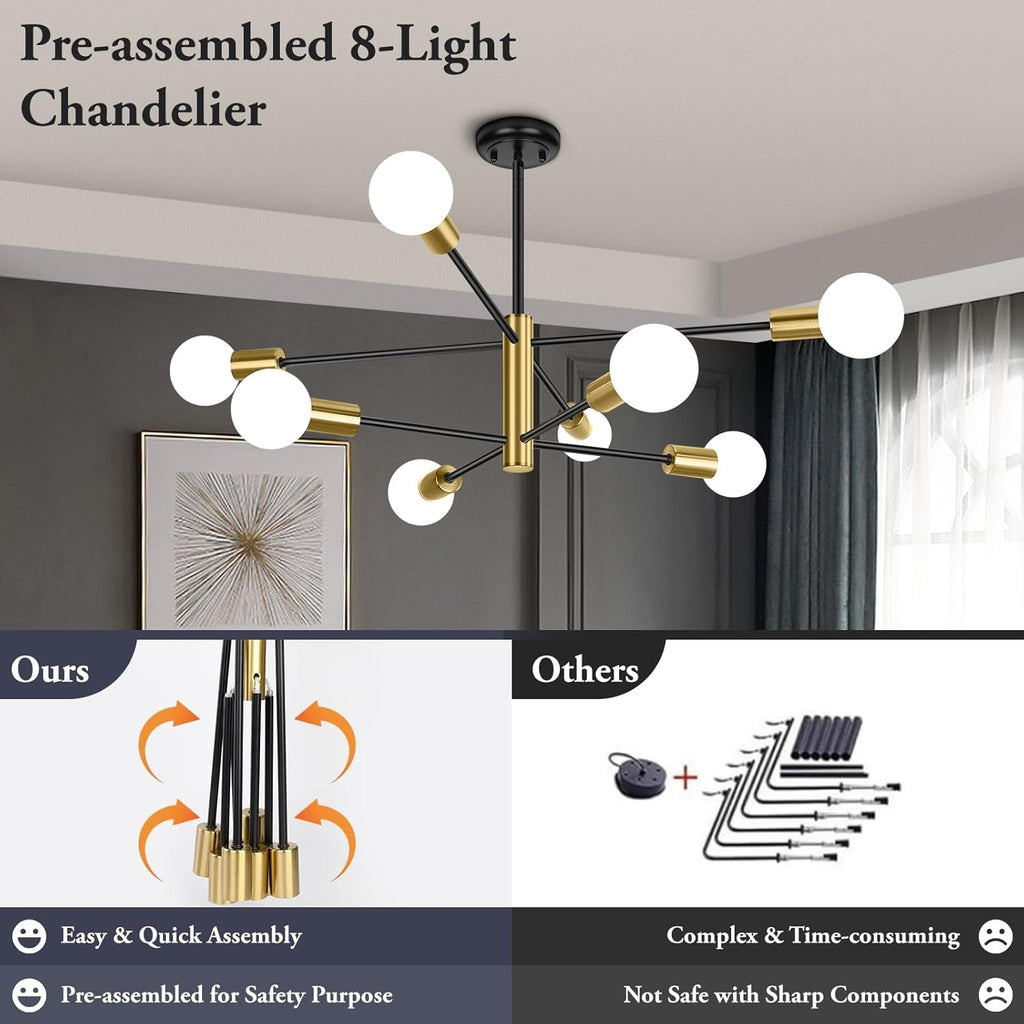 Eight Light Modern Sputnik Chandelier Black And Gold