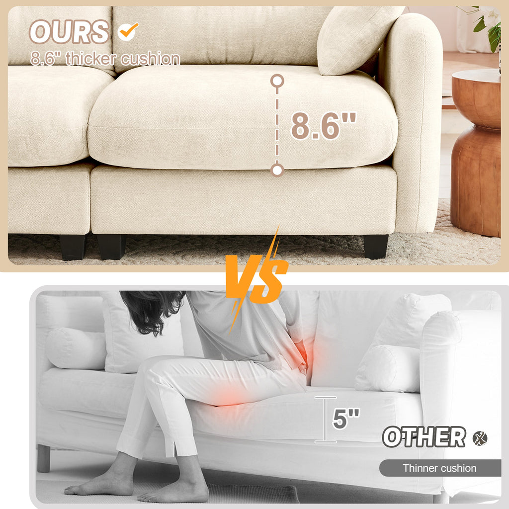 Sectional Sofa L-Shape Modular Chenille Beige 3-Seat with Ottoman