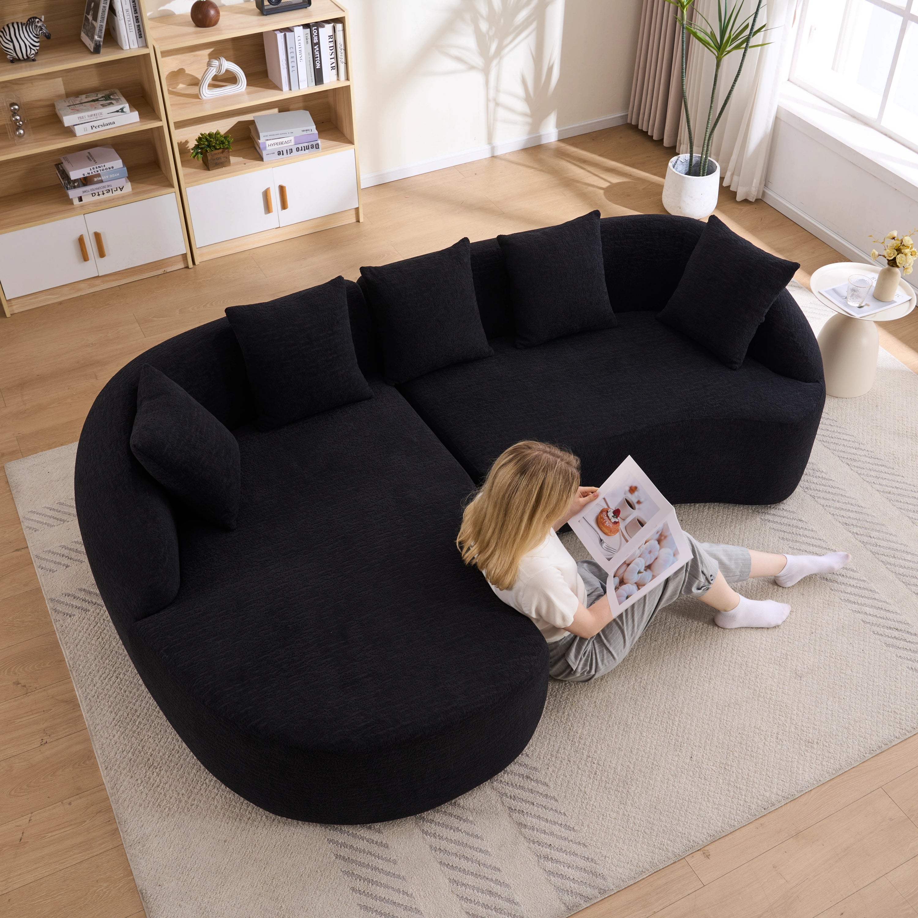Sectional Sofa l Shaped with Curved Chaise Black Chenille Sleeper
