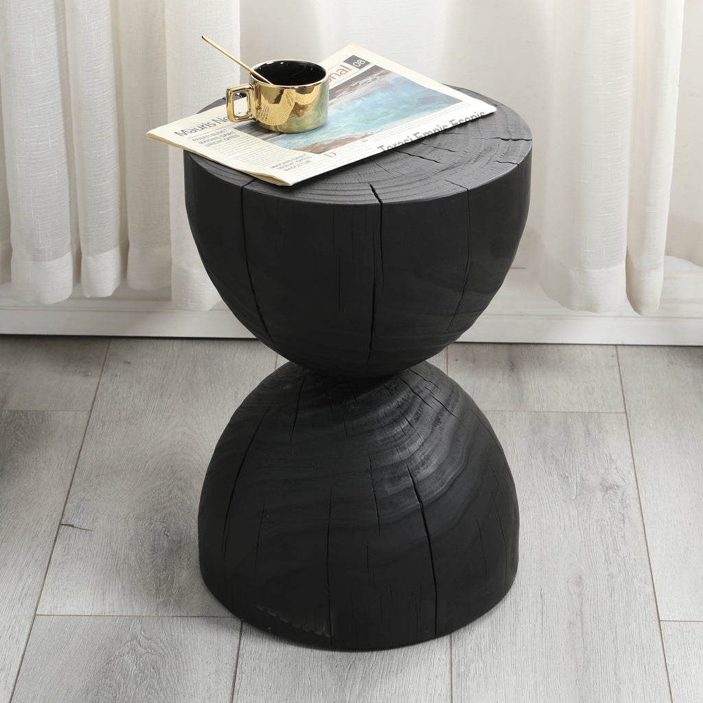 Solid Mango Wood Round Side Table, 12.2x18.11 in, Black, Burnt Vintage Look