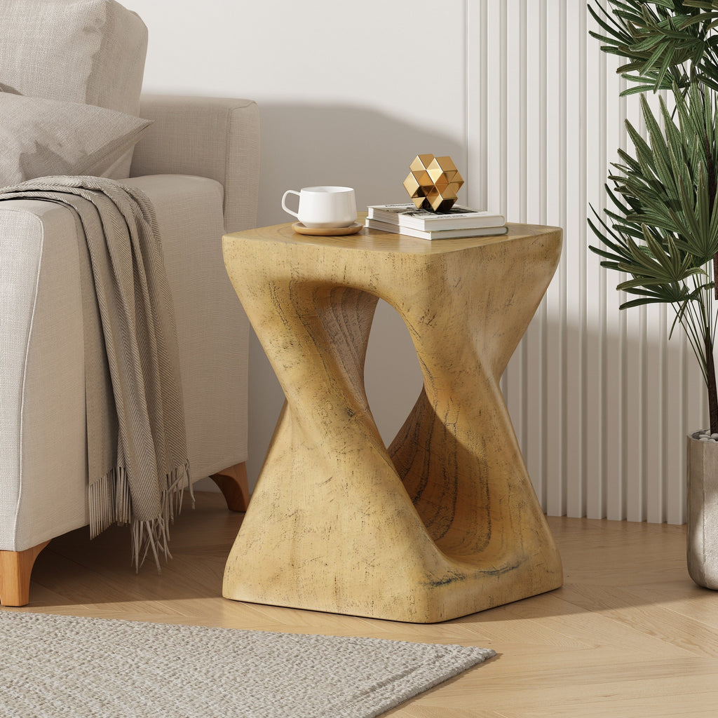 MGO Twist Shape Side Table, Wood-like Texture, Natural, 11.75x11.75x17 in